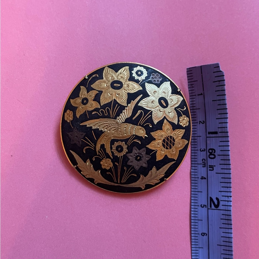 Antique Goldtone & Black Damascene Floral and Bird Motif Brooch, Pin - Picture 8 of 9